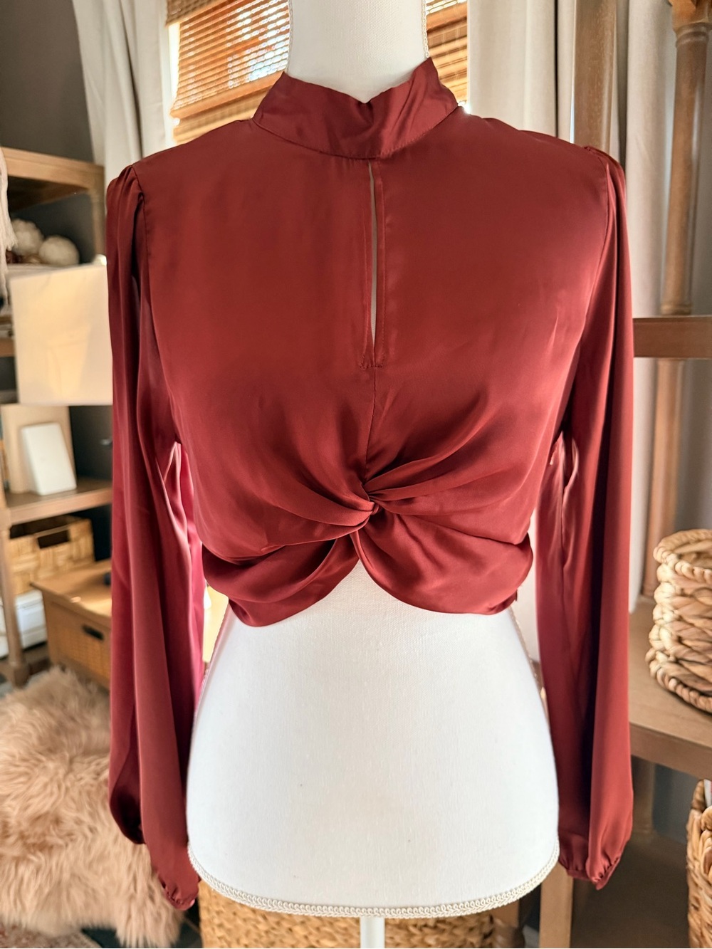 Zara Rust  Satin Twist-Front Long Sleeve Top Sz Med